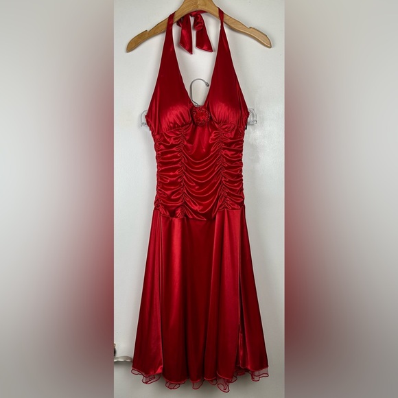 Ruby Rox Red Satin Halter Dress Sz M Ruched Bodice Party Cocktail Dance Women’s - Picture 1 of 14
